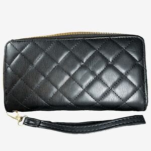 Womens Black Faux Leather Wallet Zipper Clutch Billfold HandBag ID Purse strap